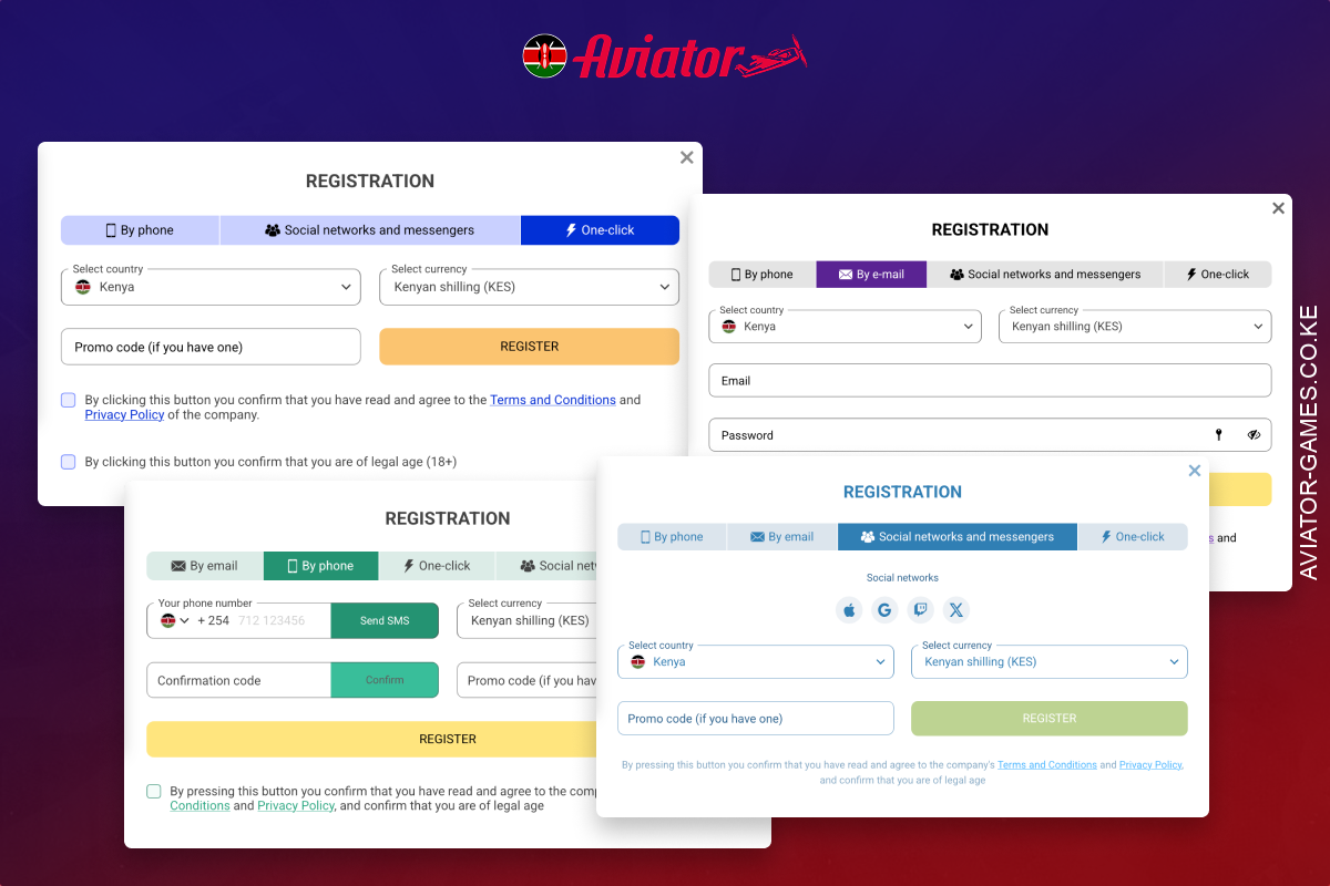 To play Aviator for real money users from Kenya must go through the registration process by choosing one of the available ways to create an account