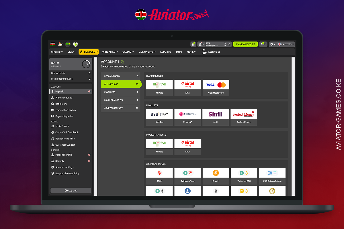 The process of topping up your account in the game Aviator in Kenya is secure and takes very little time